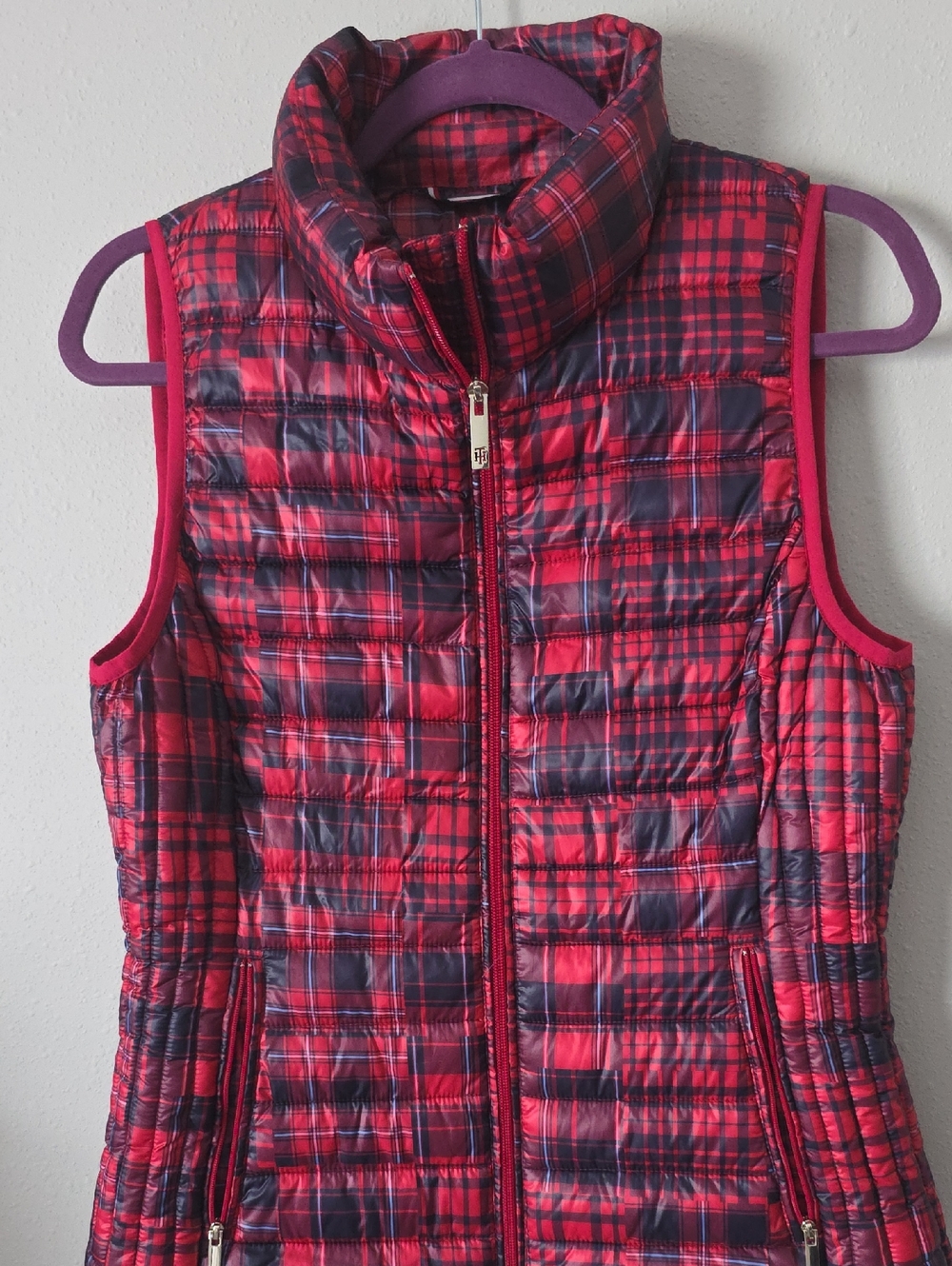 Plaid Quilted Sleeveless Vest - Red/Navy